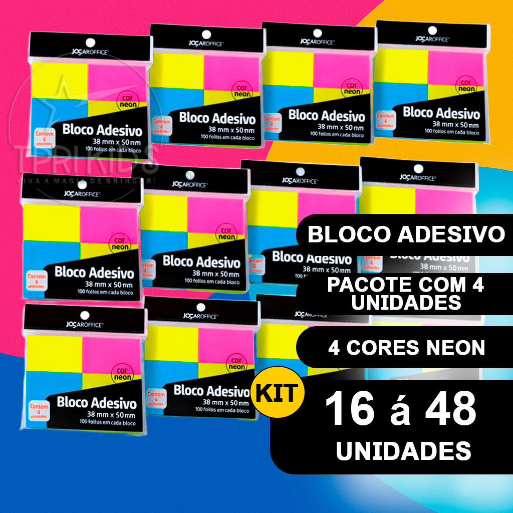 KIT 16 Á 48 BLOCO ADESIVO 38mm x 50mm COLORIDOS POST IT NEON PARA ANOTAÇÕES PAPEL AUTOADESIVO MATERIAL ESCOLAR