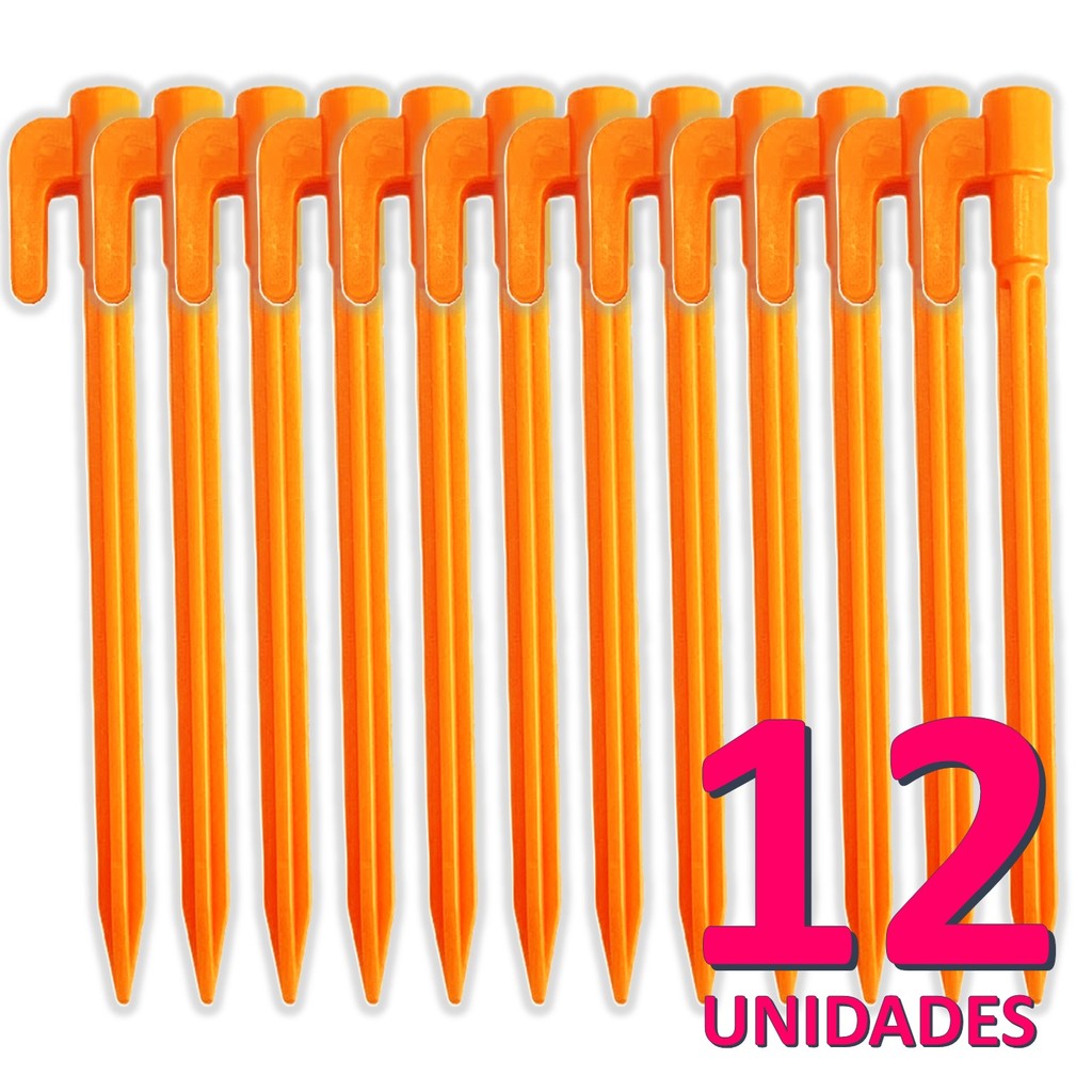 Kit 12 Estaca Espeque Plástico 14cm Laranja Para Lona Tenda Barraca Camping Praia Fixador Anti Vento