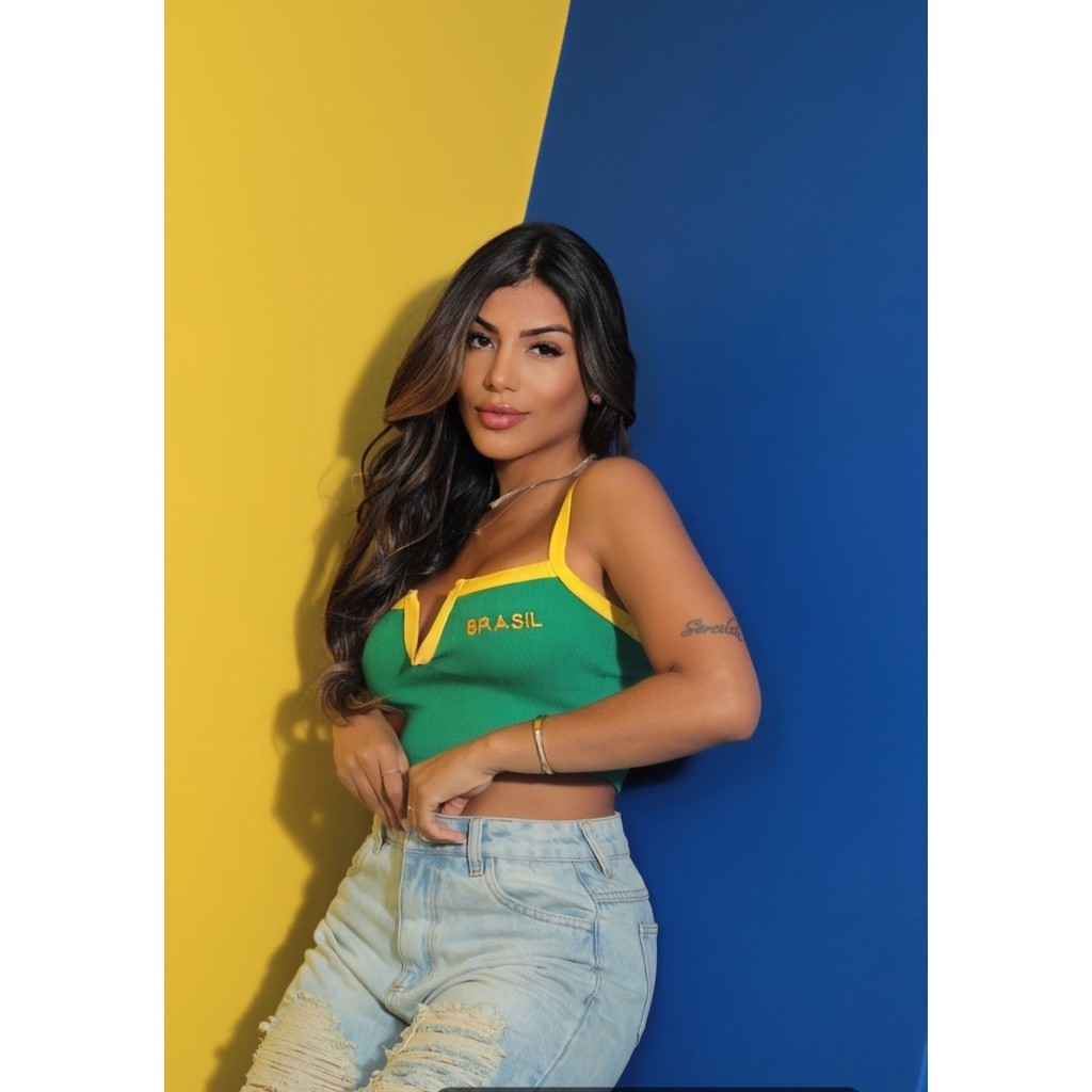 Cropped Brasil Decote em V Decotado Copa do Mundo Verão 2026  Alça Canelado Bordado