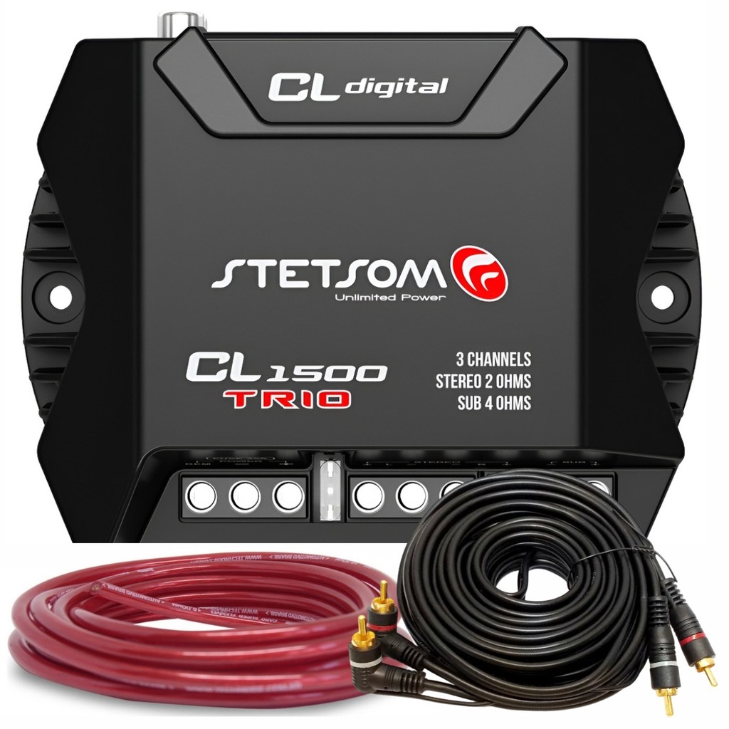 Kit Módulo Amplificador Stetsom CL1500 Trio 400W + Cabo RCA 5 Metros + Cabo Fio Rolo Bateria 6mm