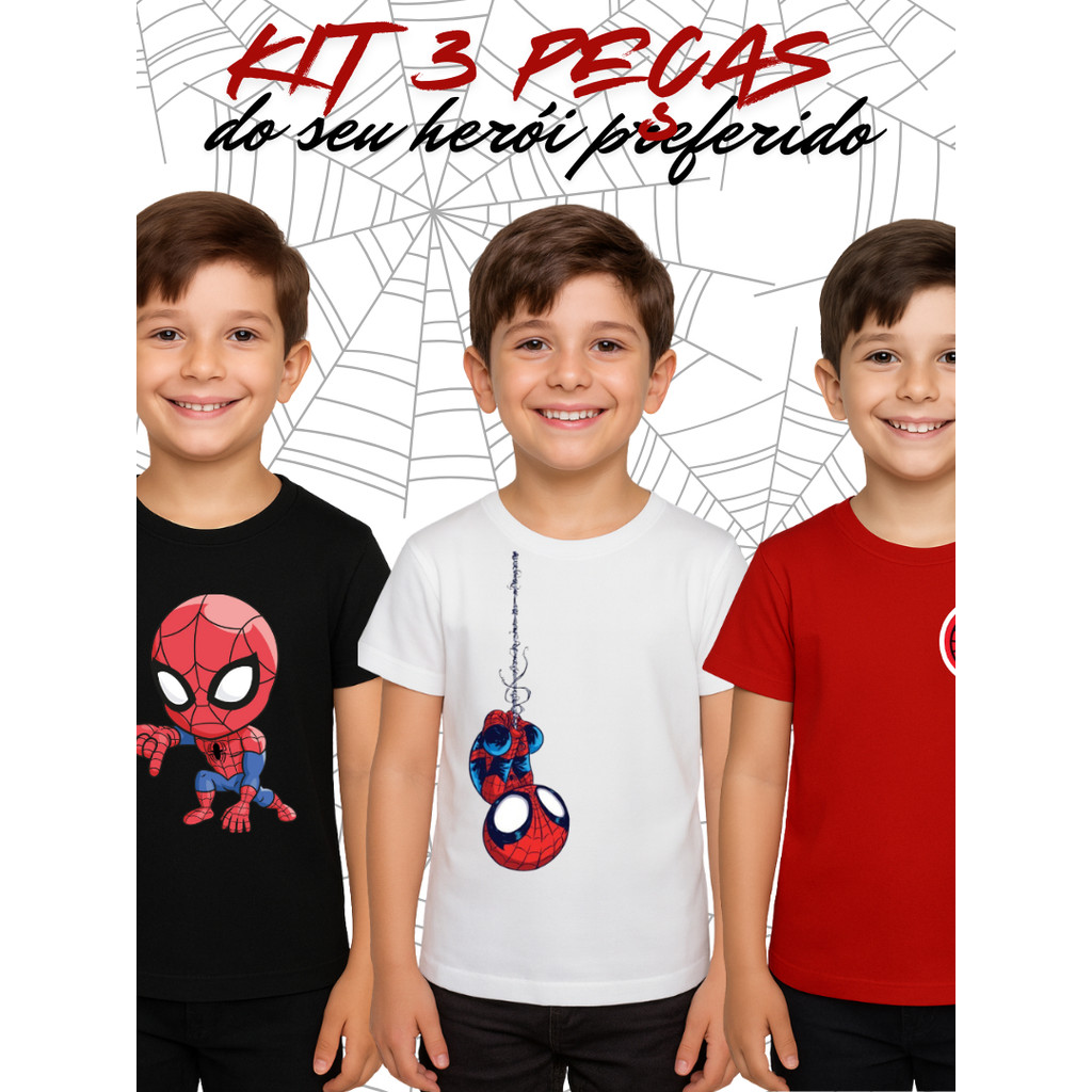 kit 3 Camisas 30.1 Algodão Estampada Menino Garoto Herói Homem Aranha Spider Man Super Fã Filmes