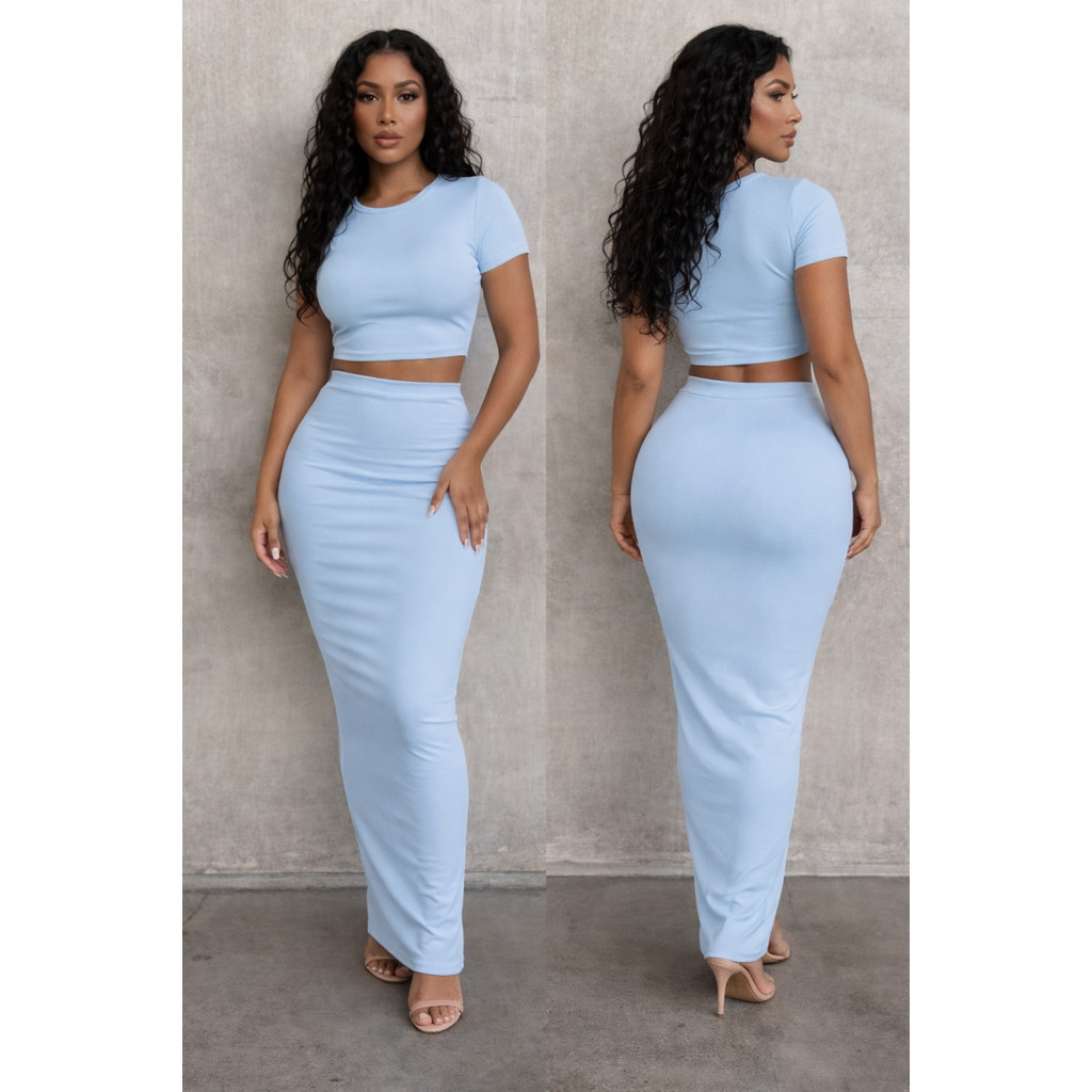 Conjunto Feminino Cropped Manga Curta + Saia Midi Justa