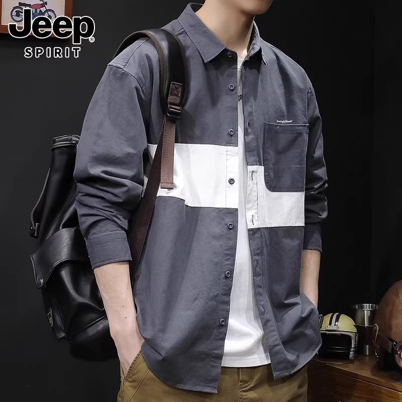 JEEP SPIRIT Camisa de manga comprida masculina 2025 outono na moda lapela polegada camisa de algodão puro camisa Casual 