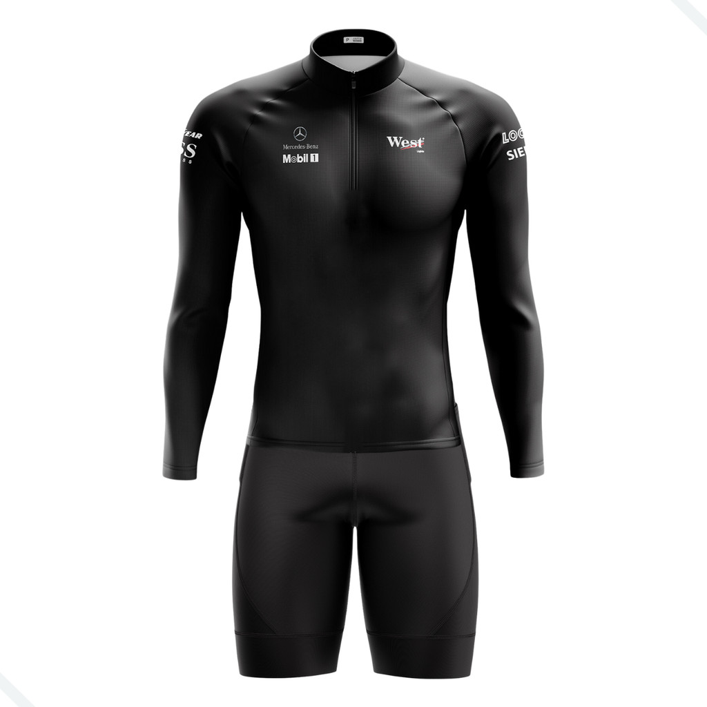 Conjunto Ciclista Masculino Bermuda e Camisa Pro Tour Preto F1 Com Bolsos Uv 50+