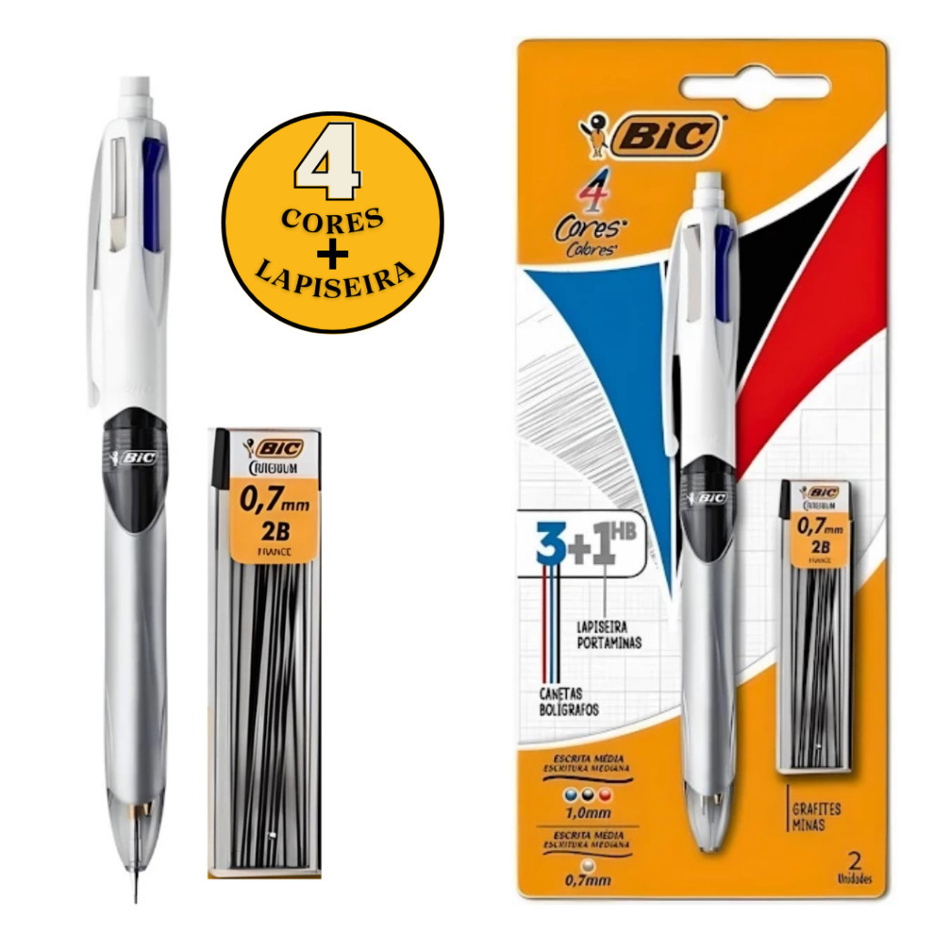 Kit Bic: Caneta Esferográfica 4 Cores + Lapiseira 0,7mm + Grafite – Bic em Oferta na Shopee