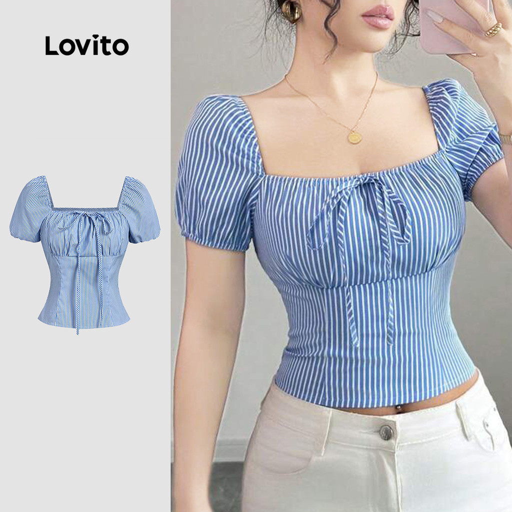 Lovito  Blusa Casual com Zíper e Laço Primavera/verão Blusa Azul para mulheres. L172LD1193 em Oferta na Shopee