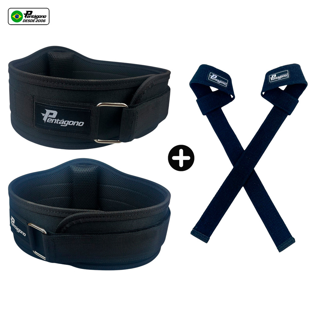Kit Cinturão Musculação Agachamento SPOR - Tamanho Ajustável - Serve do PP ao GG - PENTÁGONO + Par de STRAPS  PRETO