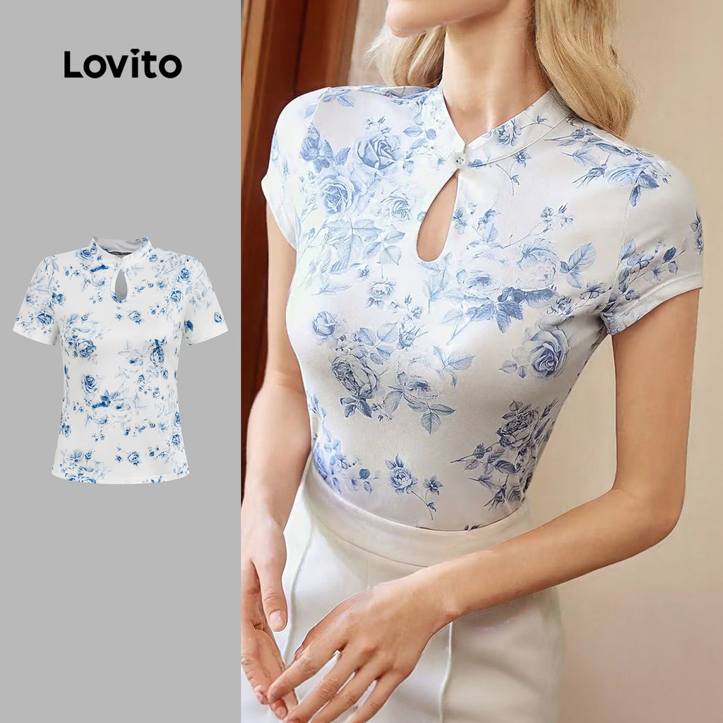Lovito Camiseta Elegante Para Festa Novo Estilo Chinês Primavera/verão Azul E Branca Para Mulheres L171ED511 em Oferta na Shopee
