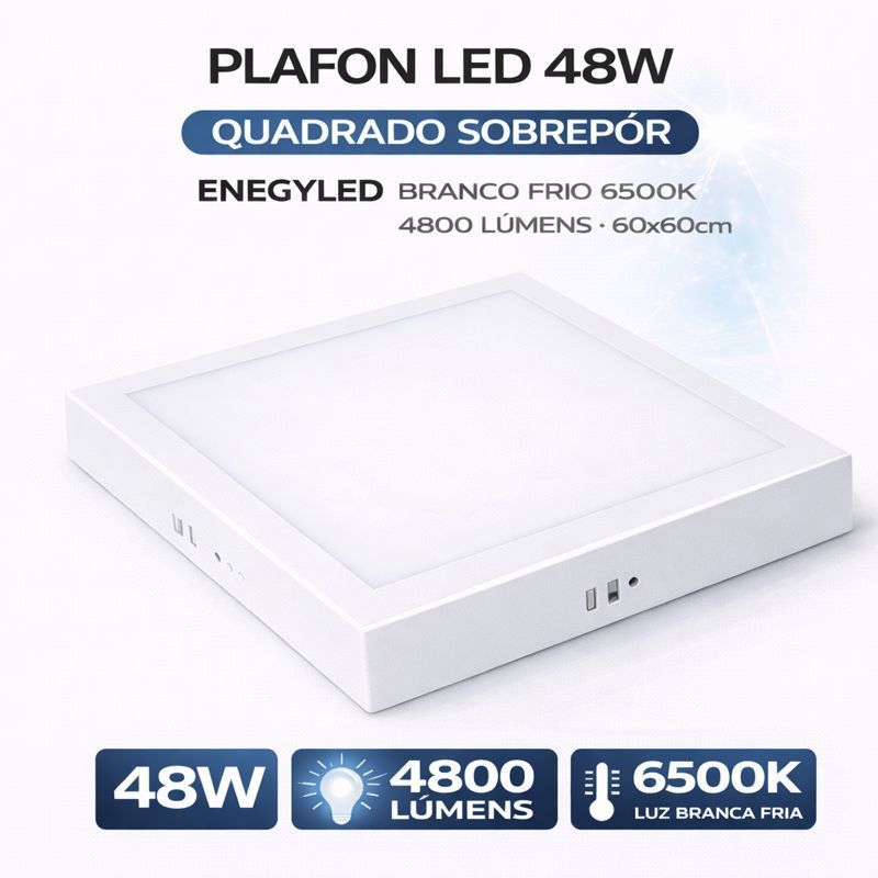 Plafon LED 48W Quadrado Sobrepor 60x60 Branco Frio 6500K 4800 Lúmens  Luminaria teto gigante