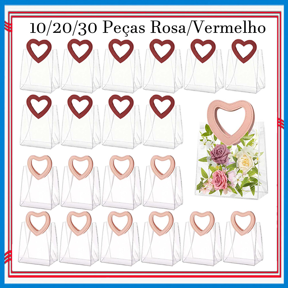 23 x 12 x 27 cm, 10/20/30 Pçs Sacos de presente transparentes reutilizáveis com Alças em forma de coração,sacolas de PVC