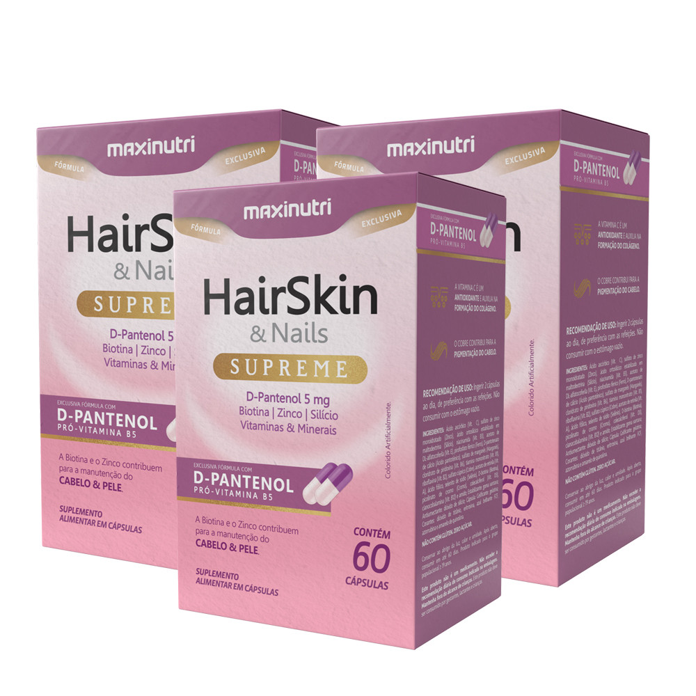 Kit 3 HairSkin Supreme D-Pantenol Biotina 60 Cáps Maxinutri,
