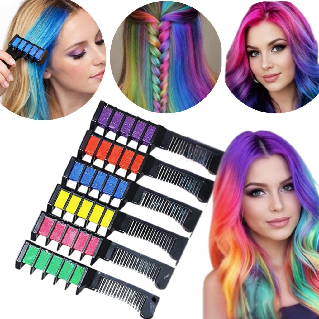 Kit 6 Pentes Giz Coloridos De Cabelo Tintas Temporárias Lavável Para Carnaval Festas Fantasia Cosplay Cabelo Maluco