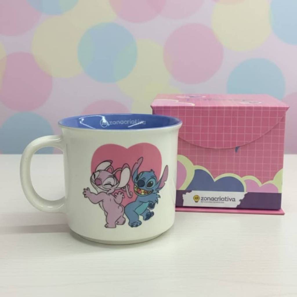 Caneca Stitch e Angel 350ml – Presente Namorado(a) Zona Criativa Disney