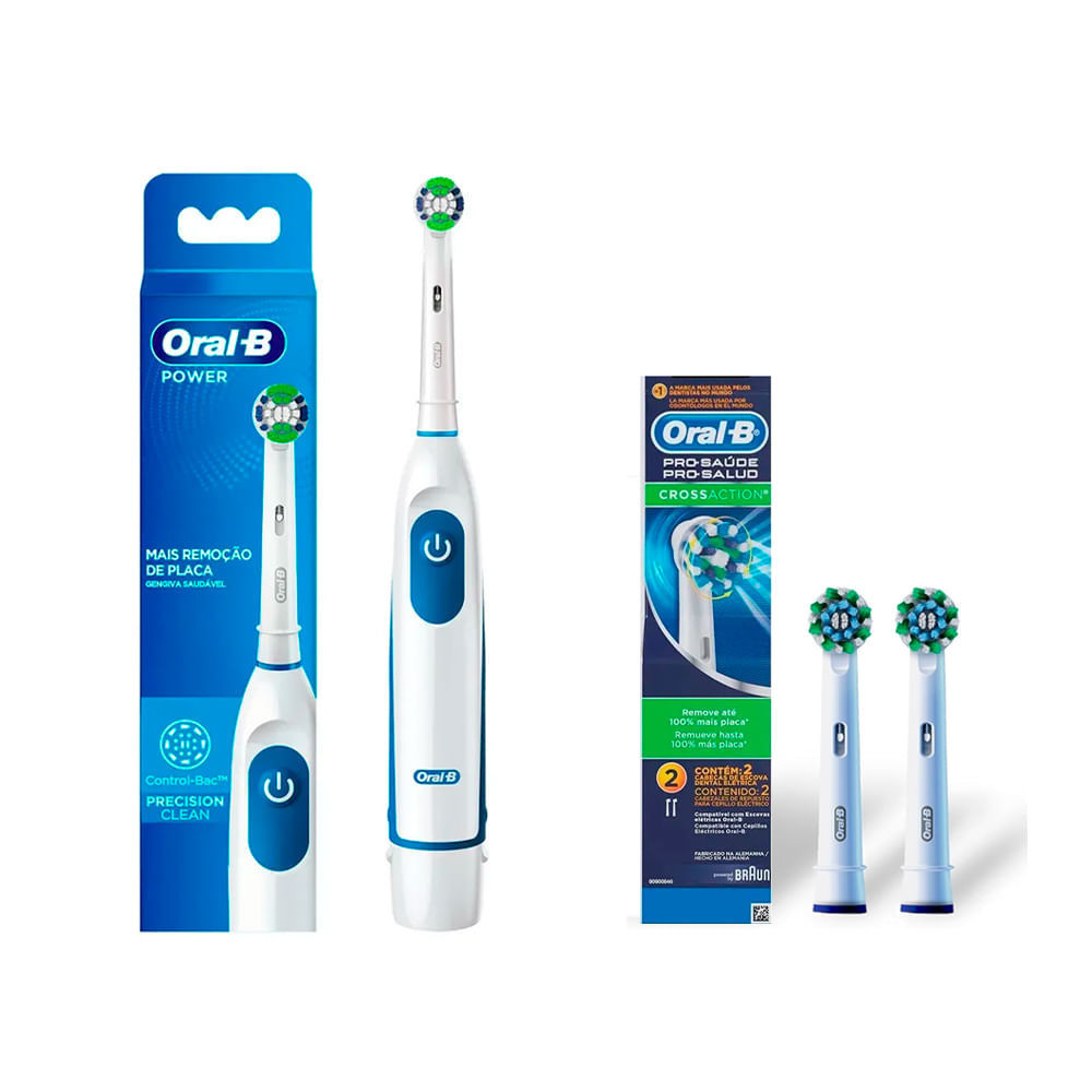 Kit Escova Elétrica Oral B Pró Saúde Power E Refil Para Escova Dental Elétrica Oral-B CrossAction - 2 Unidades em Oferta na Shopee