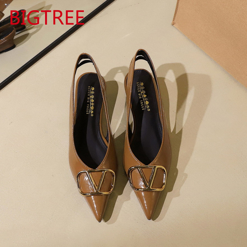 Imagem BIGTREE marrom cunha sandálias de salto feminino moda francesa salto baixo apontou Toe boca rasa sapatos femininos casua
