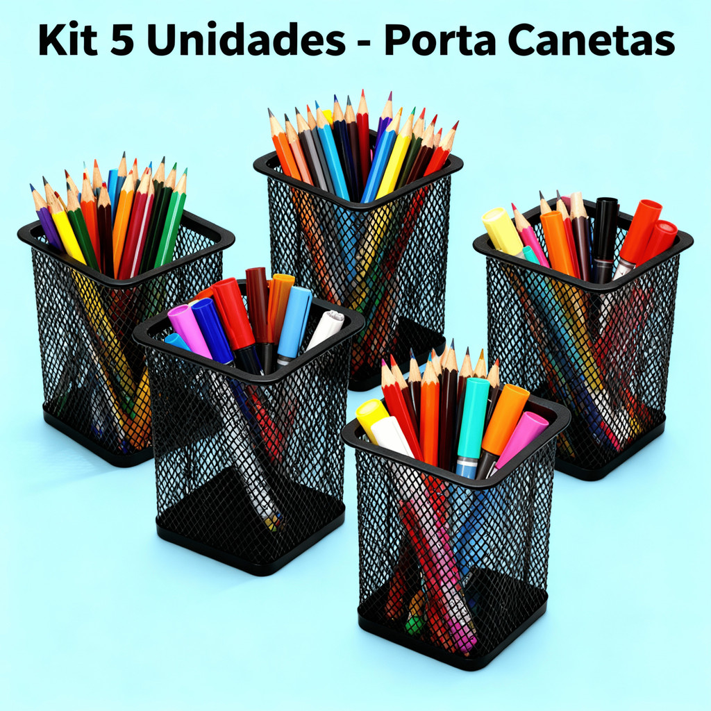Kit 5 Porta Caneta e Clipes Quadrado Organizador De Metal Para Mesa Escritório Aramado Metal Lápis Treco Borracha Clips em Oferta na Shopee