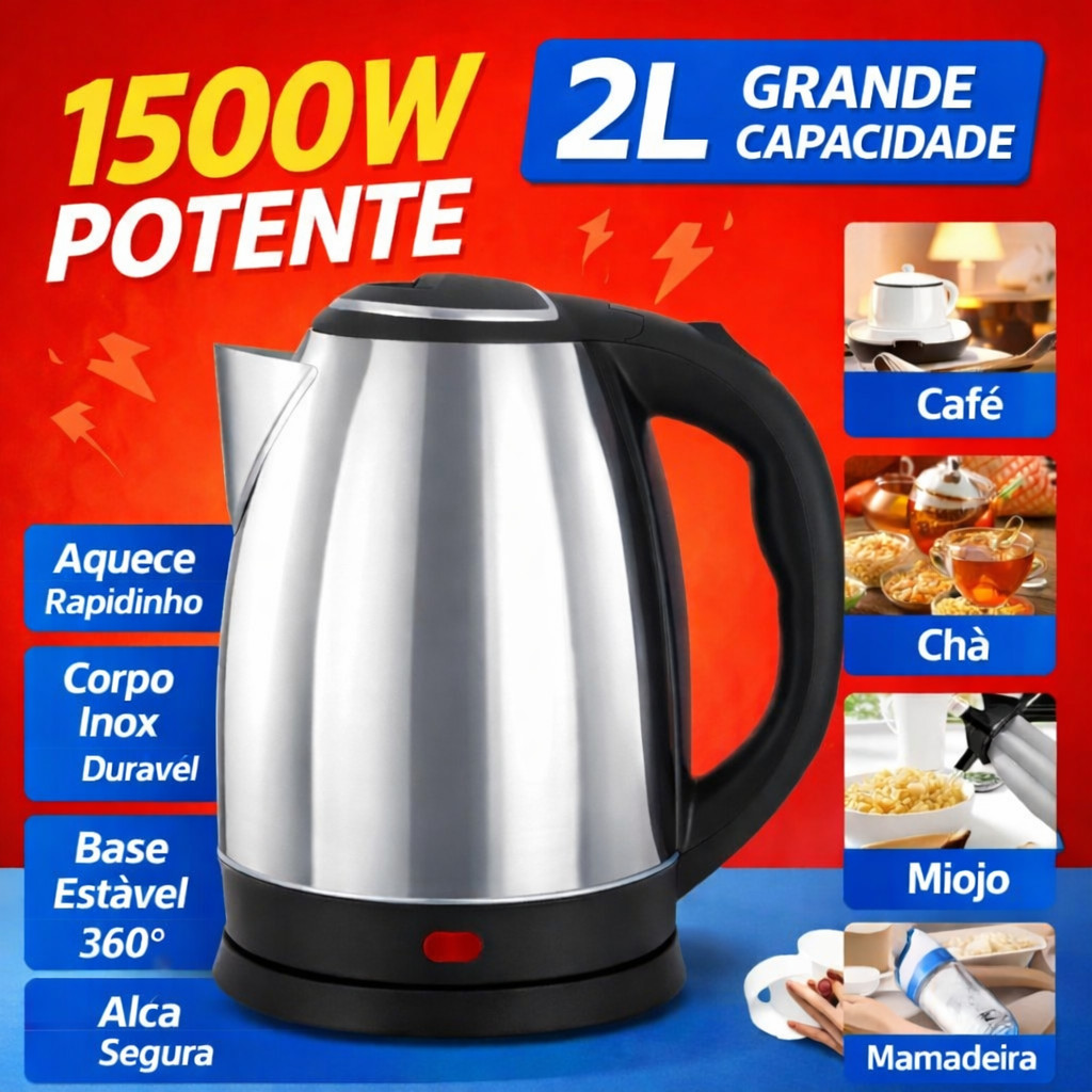 Chaleira Elétrica Inox 2L 1500W Ferve Rápido para Chá Café e Leite Segura e Potente