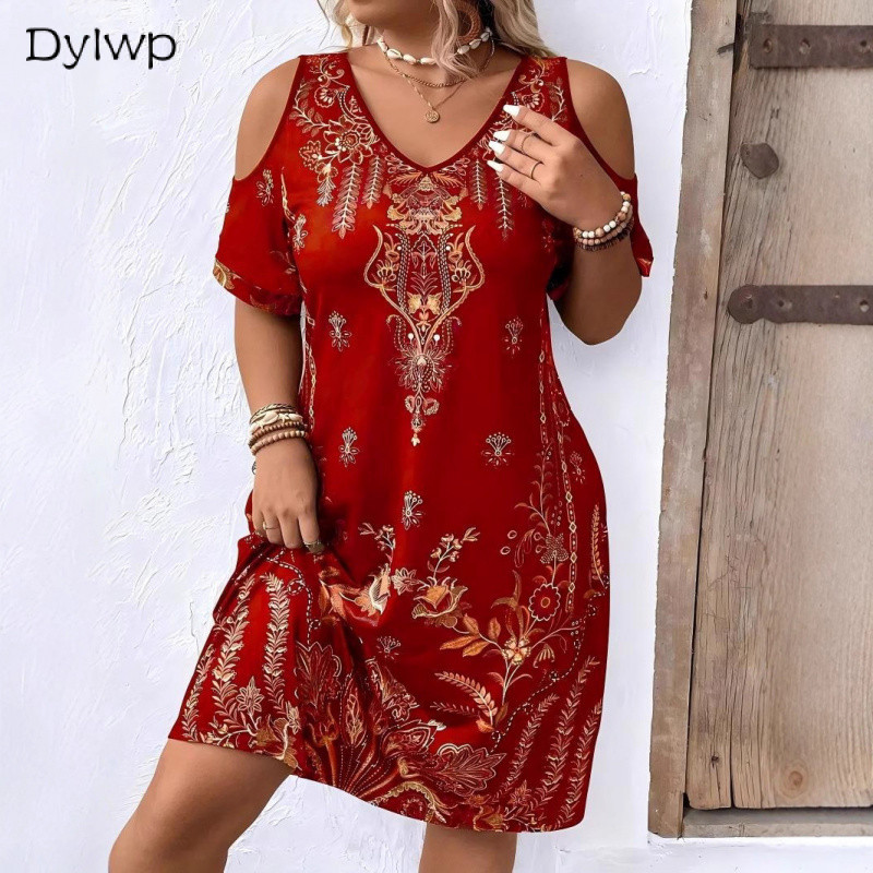 XL-5XL Plus Size Vestido Elegante Feminino Com Fora Do Ombro  Verão Casual Com Decote Em V Impresso Mini