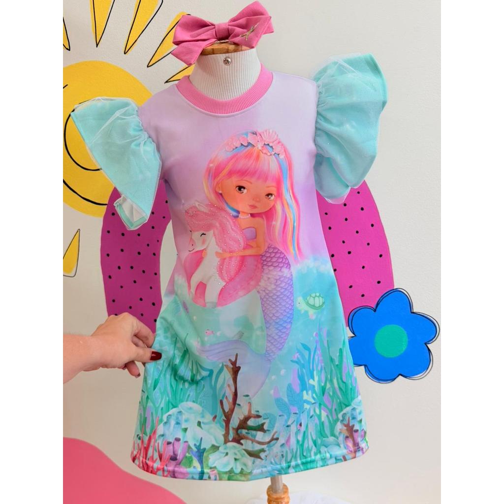 Vestido Encanto  Trapézio Sereia Unicórnio infantil menina roupa criança