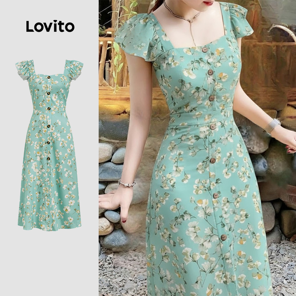 Lovito  Vestido Boho Verde com Botões e Zíper para Primavera/verão para Mulheres L171ED239 em Oferta na Shopee