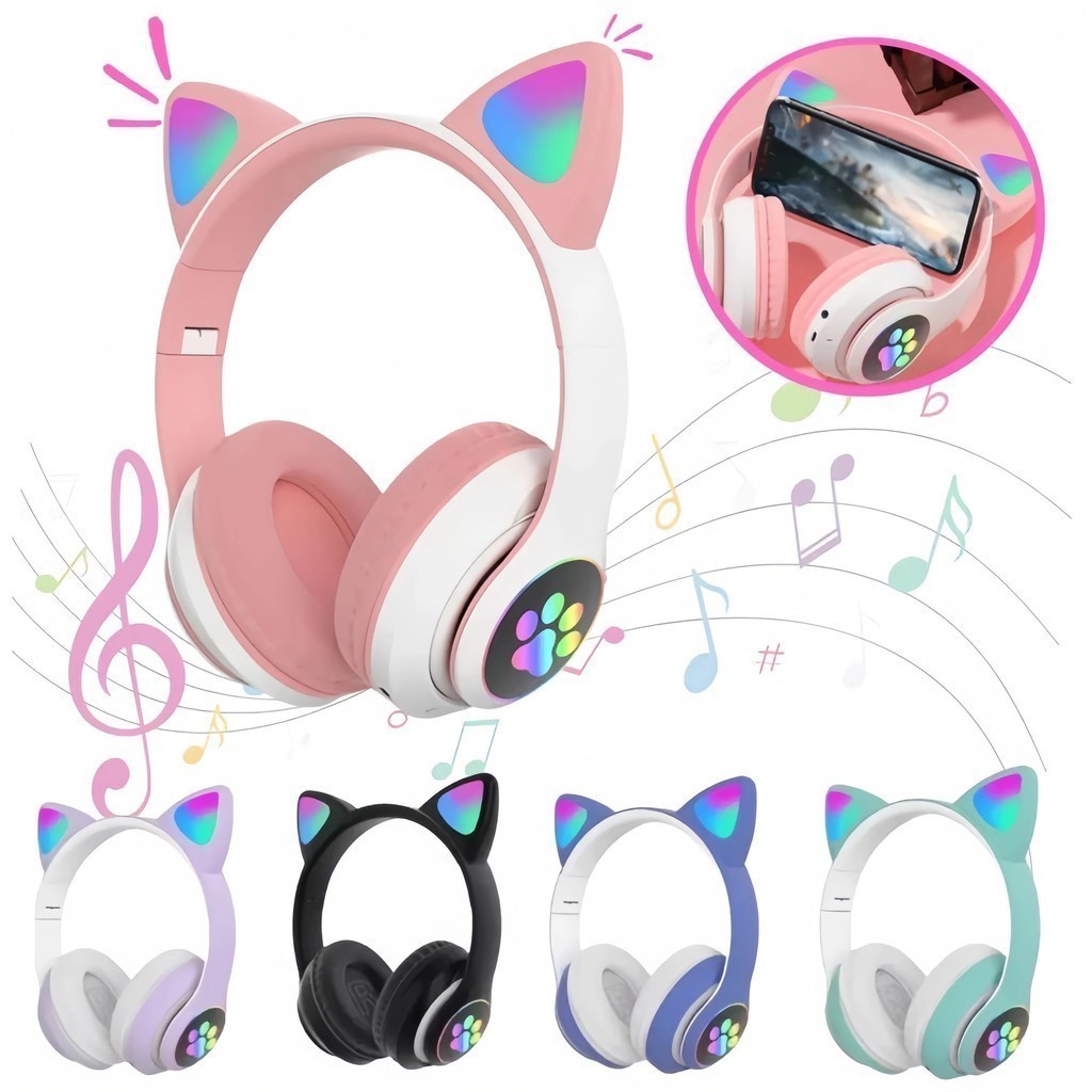 Fone de Ouvido Bluetooth Headband Orelha de Gato com LED Dobrável Sem Fio Estilo Gamer