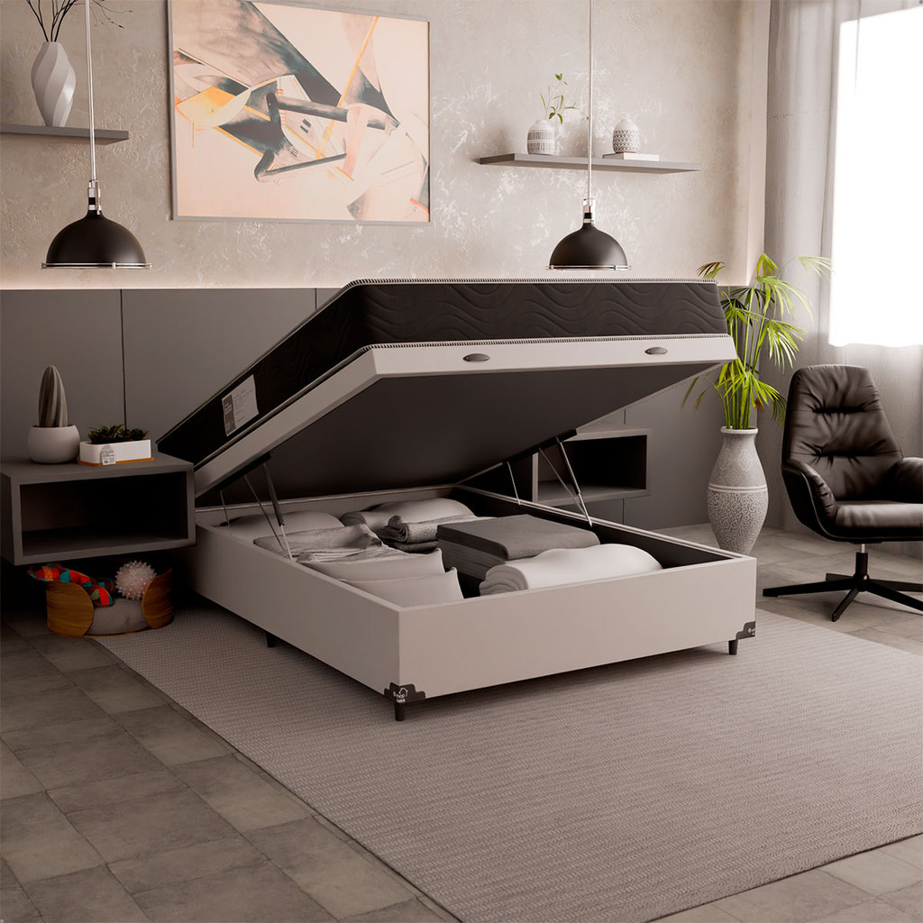 Cama Box Baú Viúva + Colchão D33 One Face - Couro Branco em Oferta na Shopee