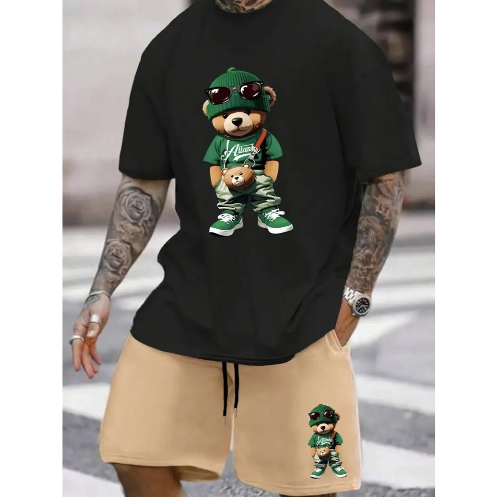 Conjunto Camiseta Básica Urso Masculina Feminina Algodão Camisa Unissex StreetWear + Bermuda Moletom Masculina Short