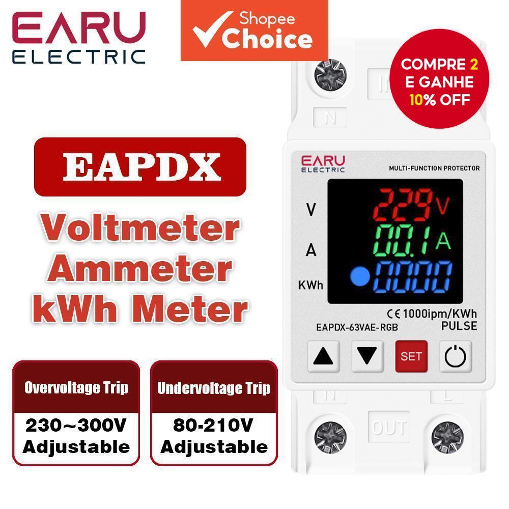 63A 230V 3IN1 Display Din Rail Ajustável Sobretensão Corrente Protetor Relé 220V KWH Vermelho Azul