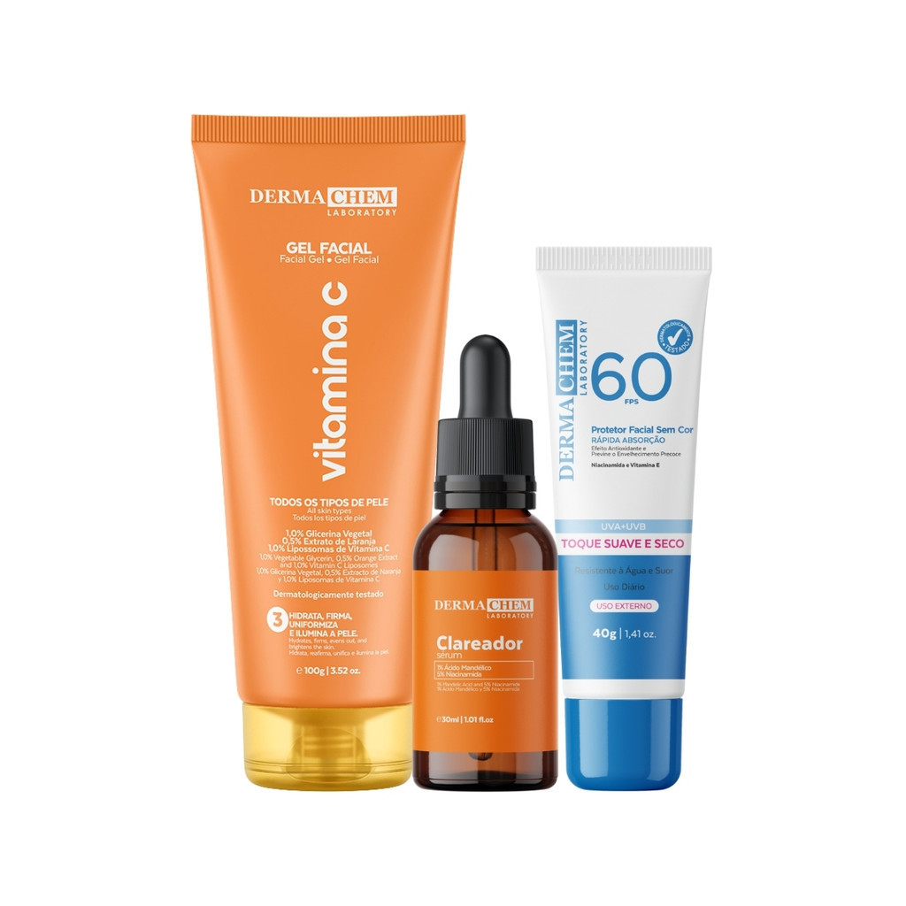 Kit SkinCare Dermachem Cuidado Facial Vitamina C Clareador todos os Tipos de Pele Gel Serum Protetor em Oferta na Shopee