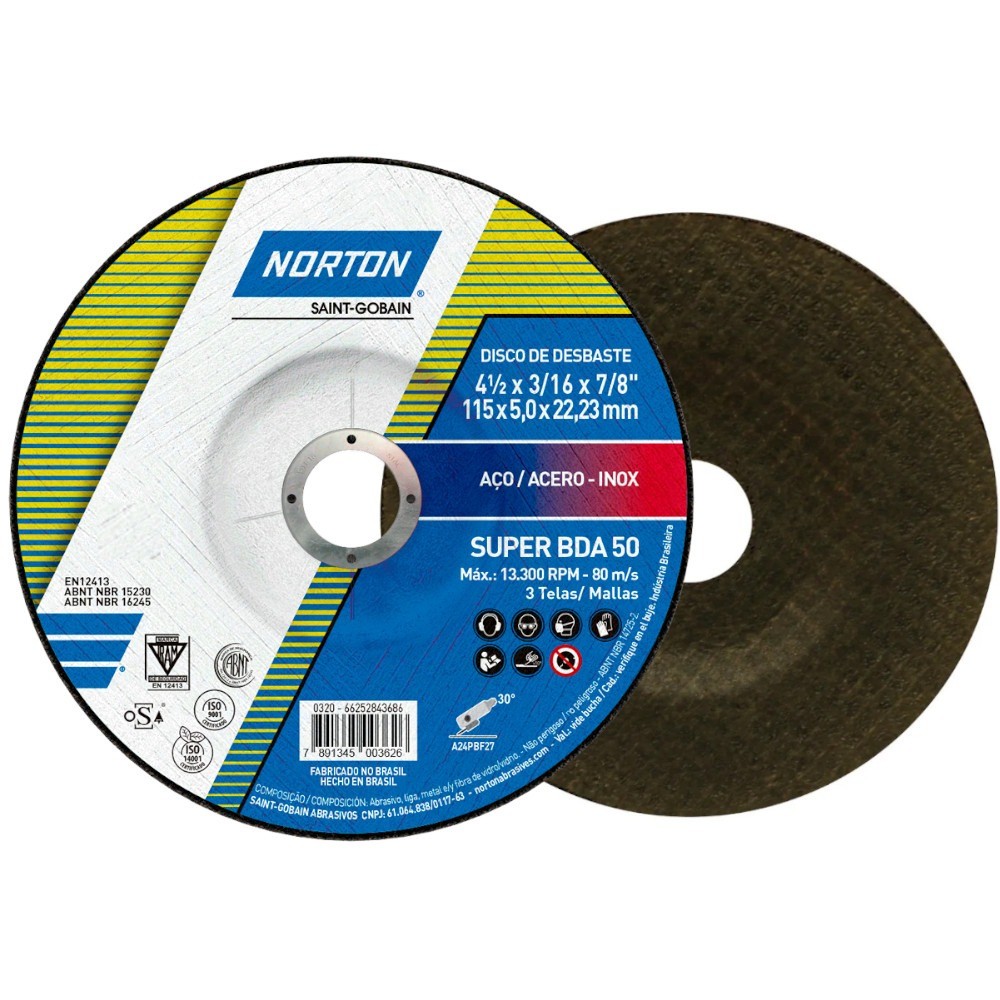 Disco de desbaste para metal 4.1/2x3/16x7/8pol Super Norton