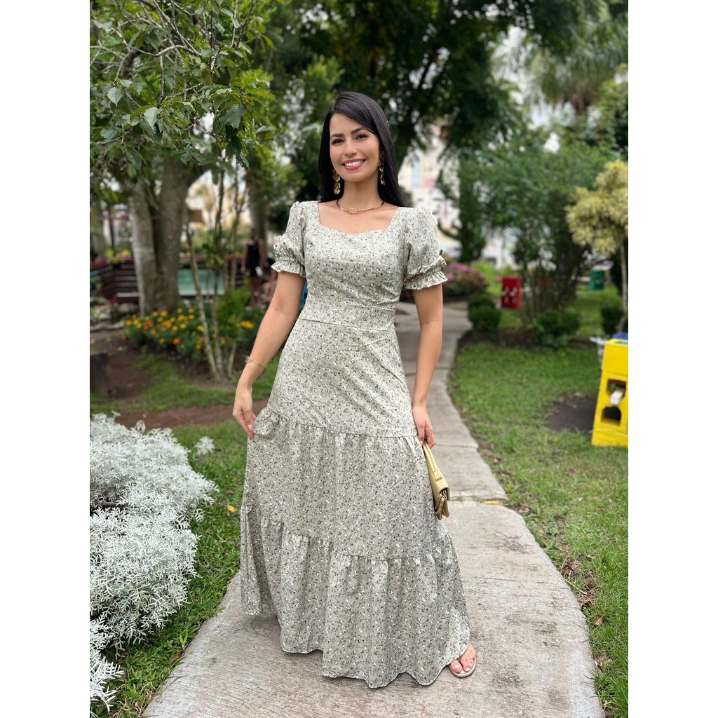 Vestido longo tecido crepinho c/forro lastex moda evangélica