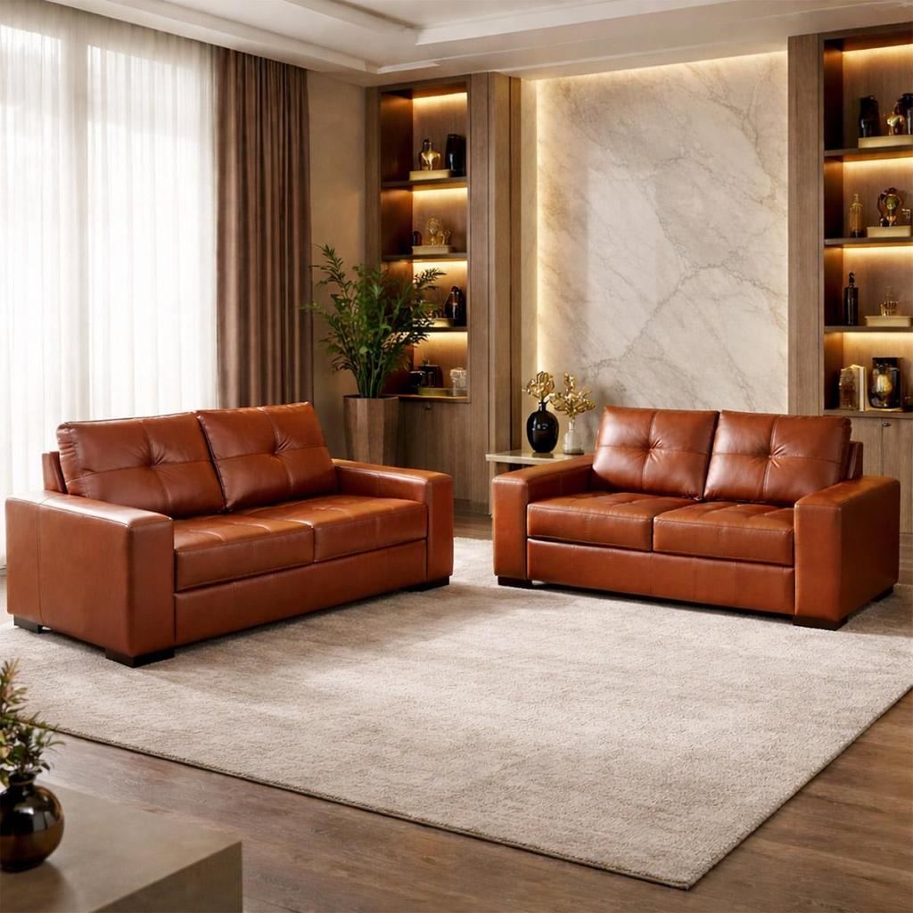 Imagem Conjunto de Sofás 2 e 3 Lugares Turim Couro Caramelo G58 - Gran Belo