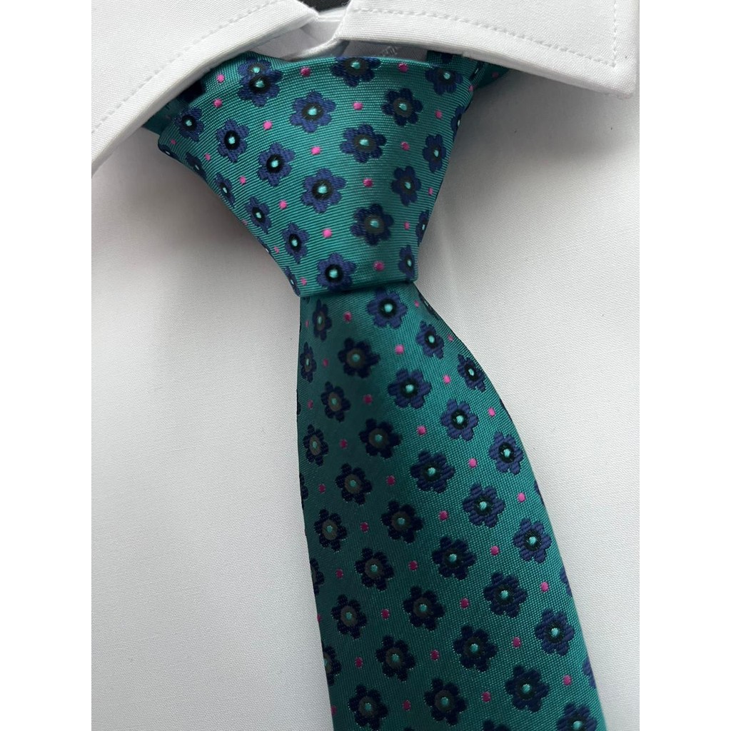 Gravata Slim Azul Turquesa  Floral - 1200 Fios