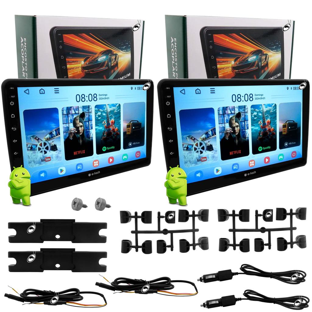 Par Encosto Monitor de Acoplar 10" Android com Android Auto e CarPlay USB E-Tech
