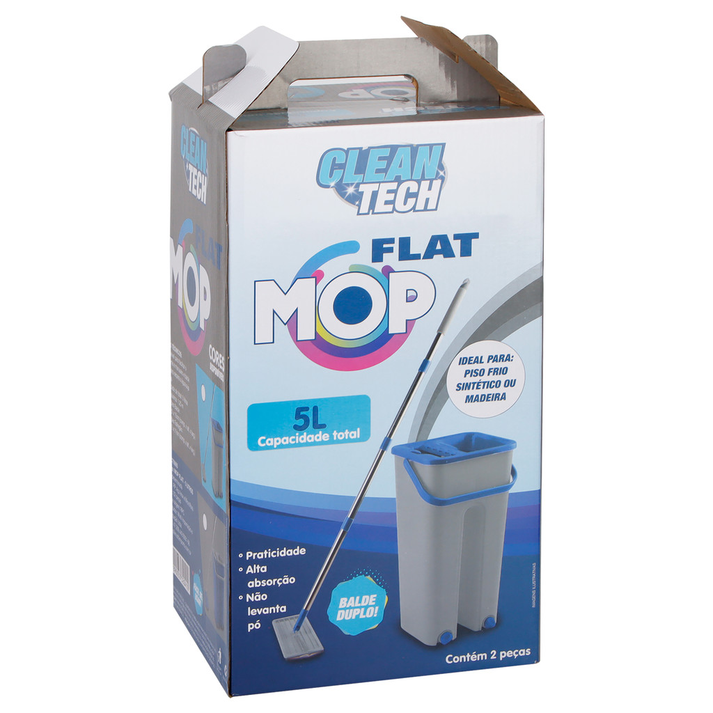 Esfregão Mop Flat com Balde Duplo Lava Seca Microfibra Cabo Inox Dreno Para Piso Porcelanato