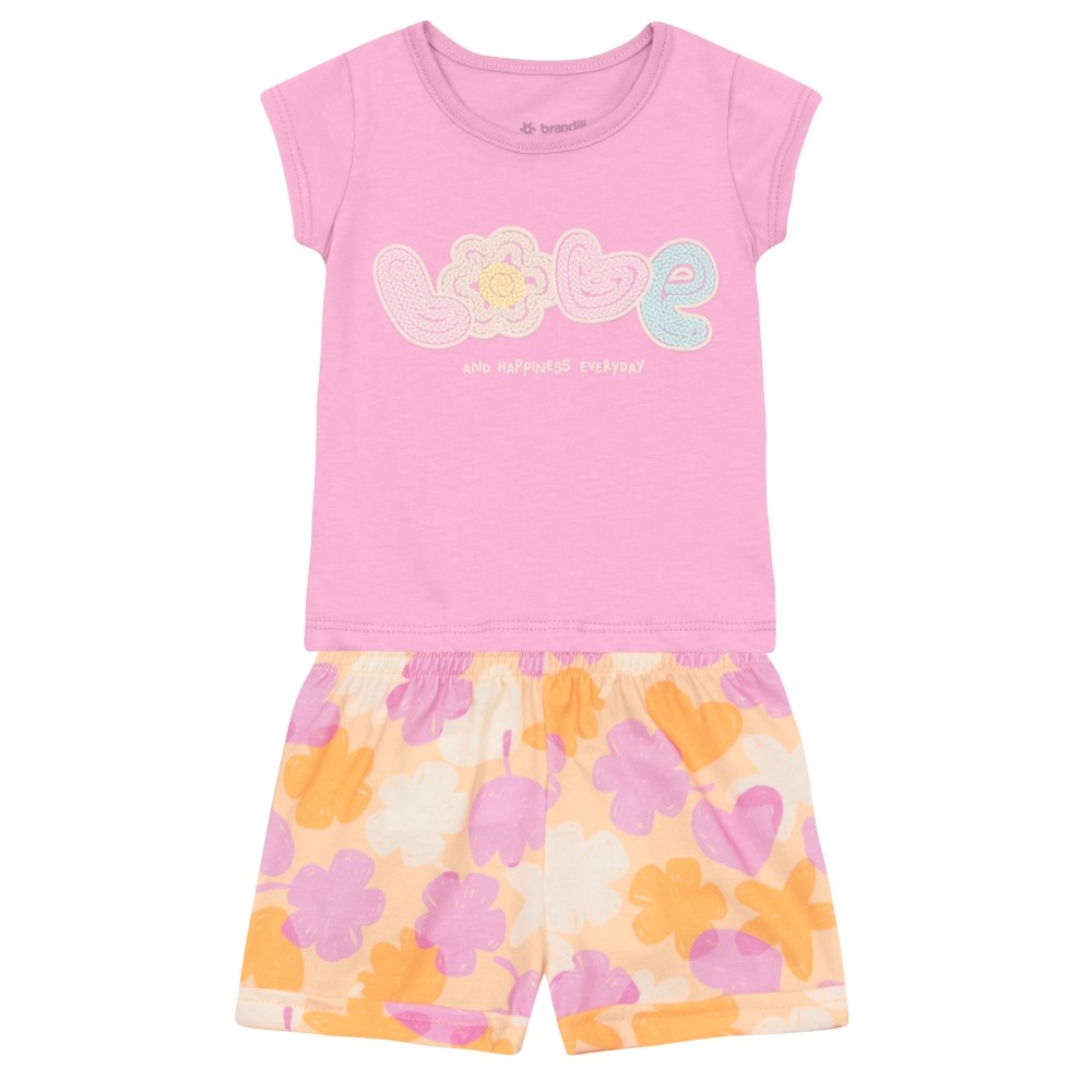 Conjunto Infantil Bebê Menina Rosa Blusa E Shorts em Moletinho 100% Algodão Brandili