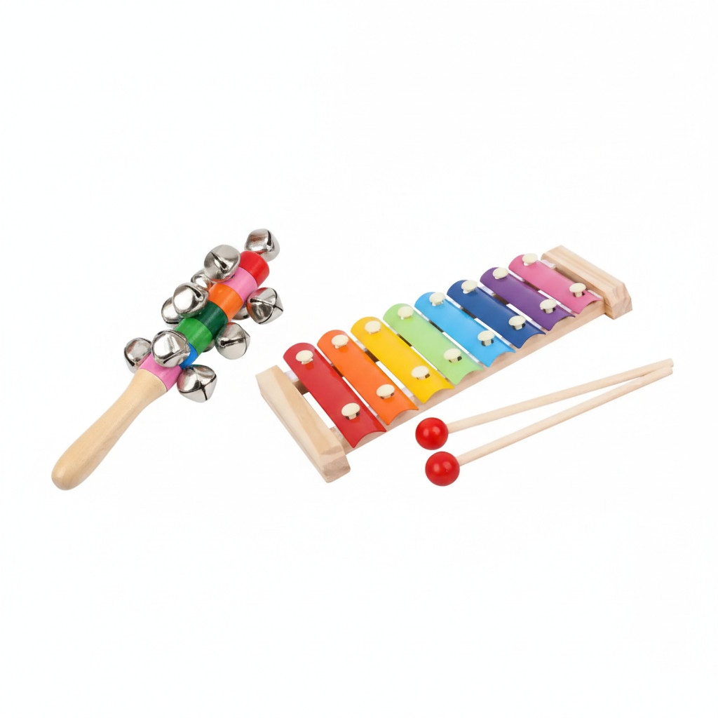 Kit Musical Infantil Educativo Xilofone de Madeira + Bastão de Sinos Coloridos em Oferta na Shopee