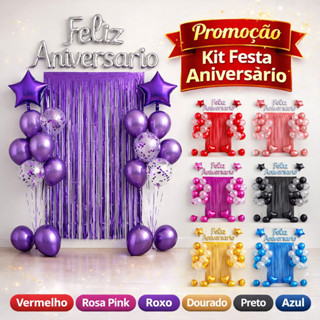 Kit Festa Balão Metalizado Cortina Bexiga Feliz Aniversário Decoração de Festa Completa em Oferta na Shopee