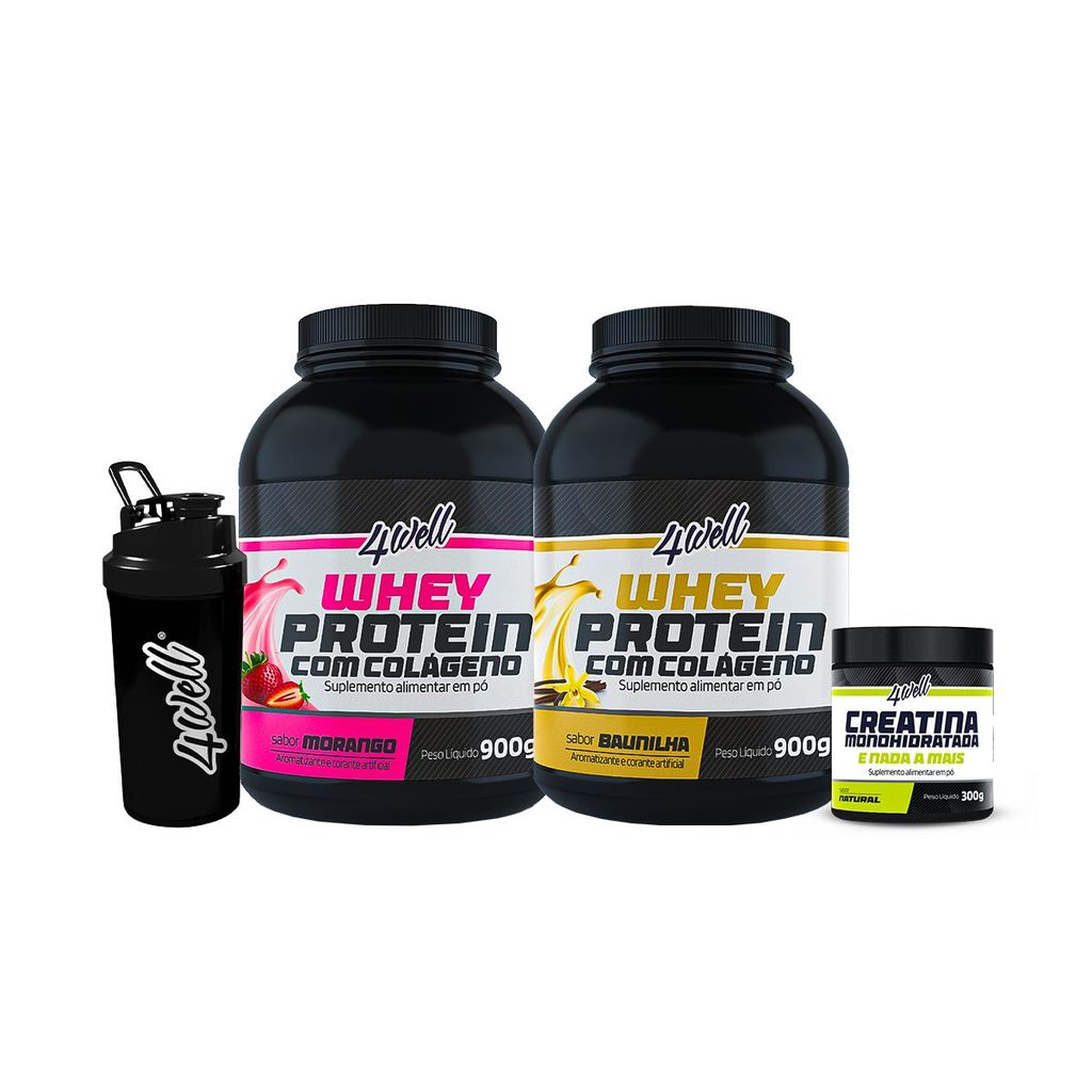Combo 2x Whey Protein  - Sabor Morango e  Baunilha  900g + Creatina 300g + Coqueteleira - 4well