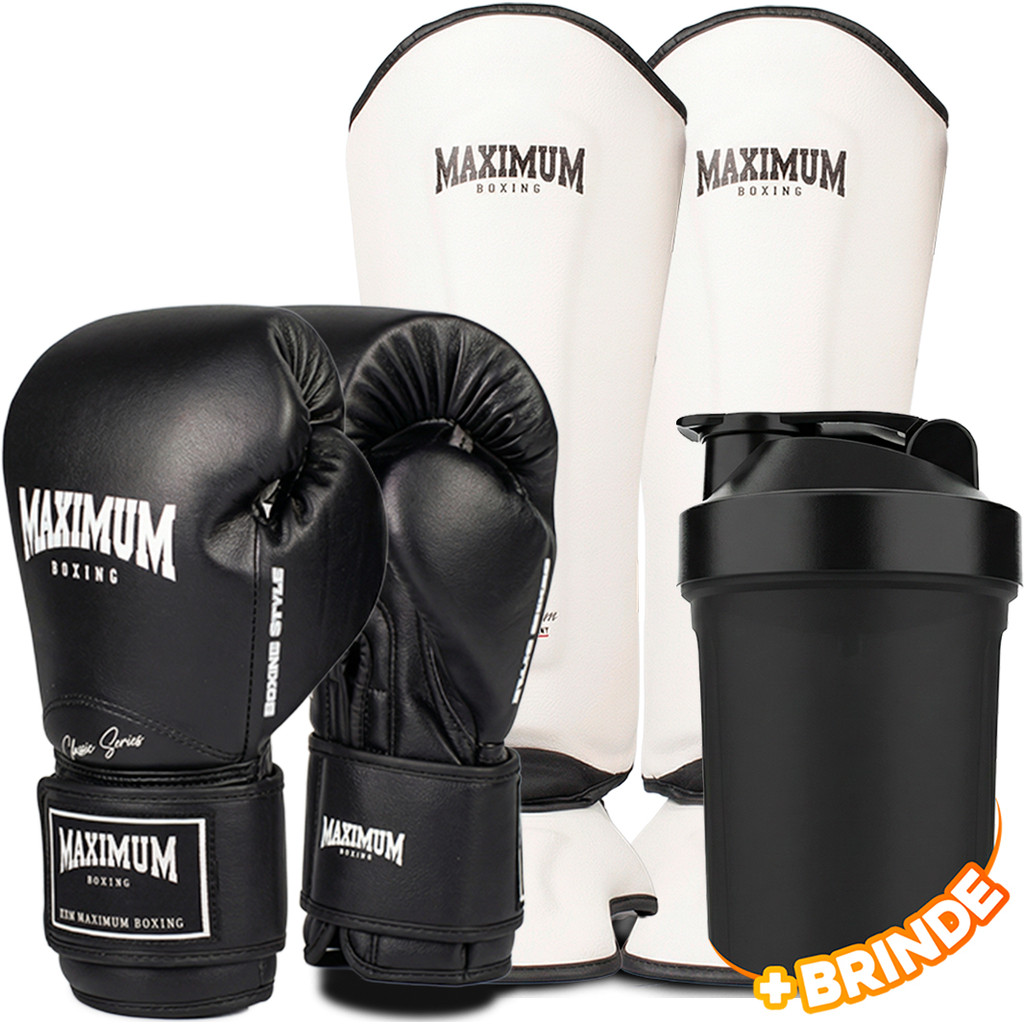 Kit Luva Muay Thai Boxe Boxing New Classic Tamanho 08 + Caneleira Maximum White Tamanho G