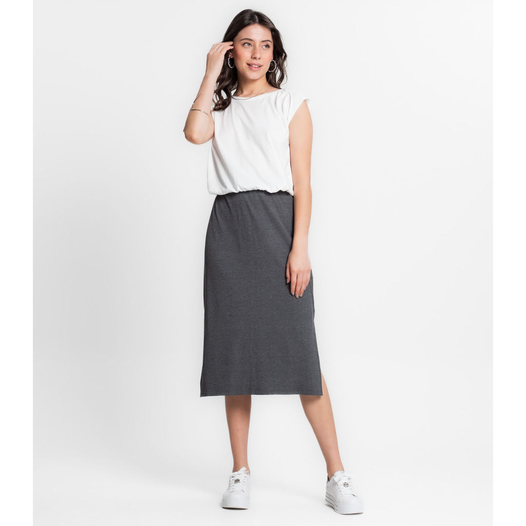 Saia Midi Canelada Infinita Cor Cinza em Oferta na Shopee