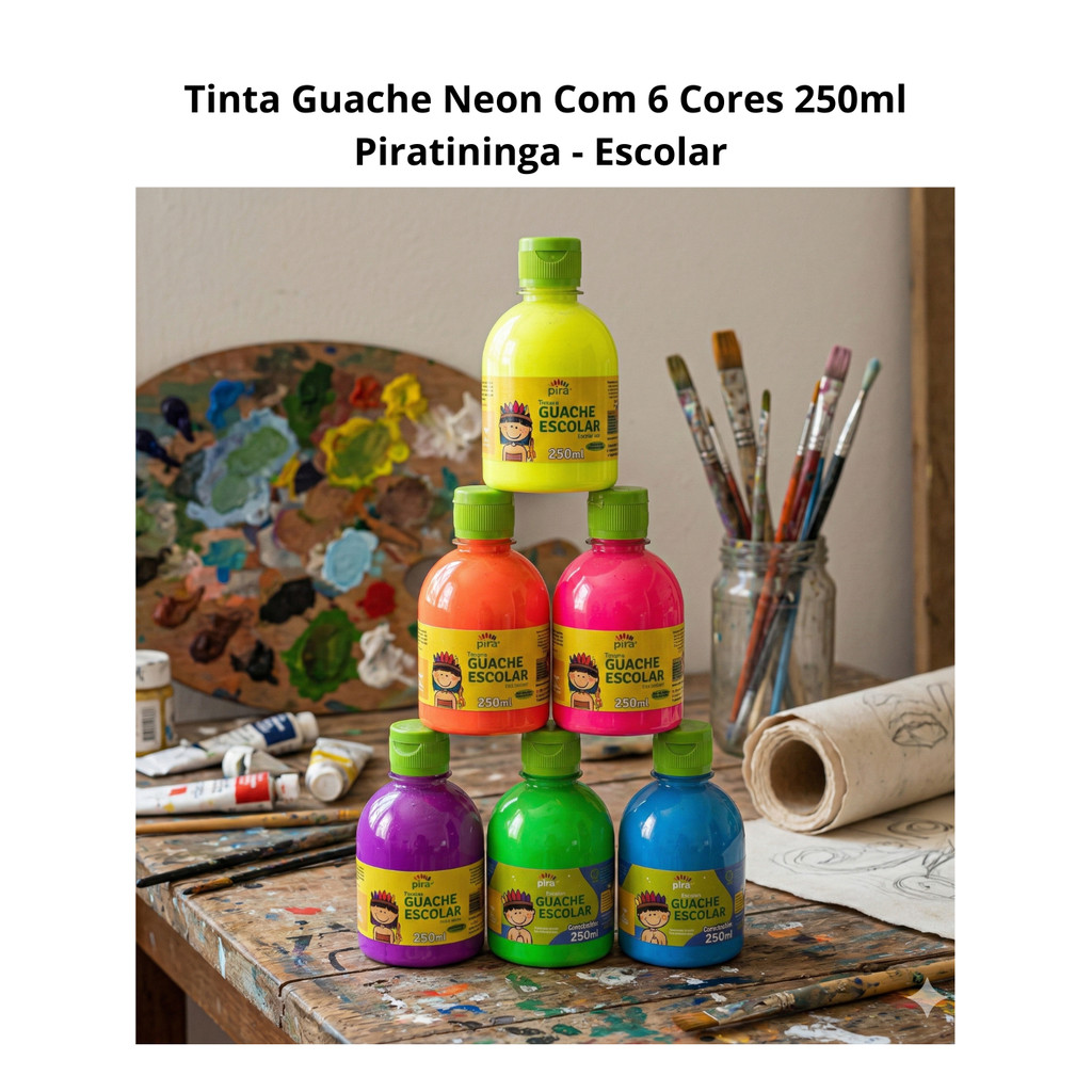 Tinta Guache Neon Escolar Piratininga 250ml - Kit com 6 Cores Vibrantes em Oferta na Shopee