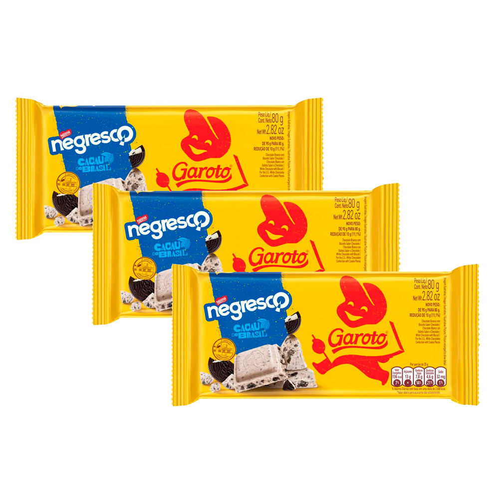 Kit 3 Chocolate Garoto Branco com Biscoito Negresco 80g em Oferta na Shopee