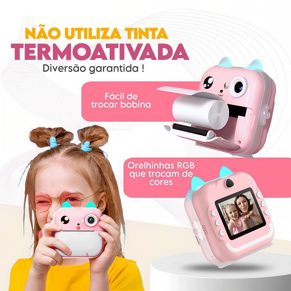 Câmera Instantânea Infantil com Impressão de Fotos,Brinquedo Digital Divertido para Meninos e Meninas de Todas as Idades