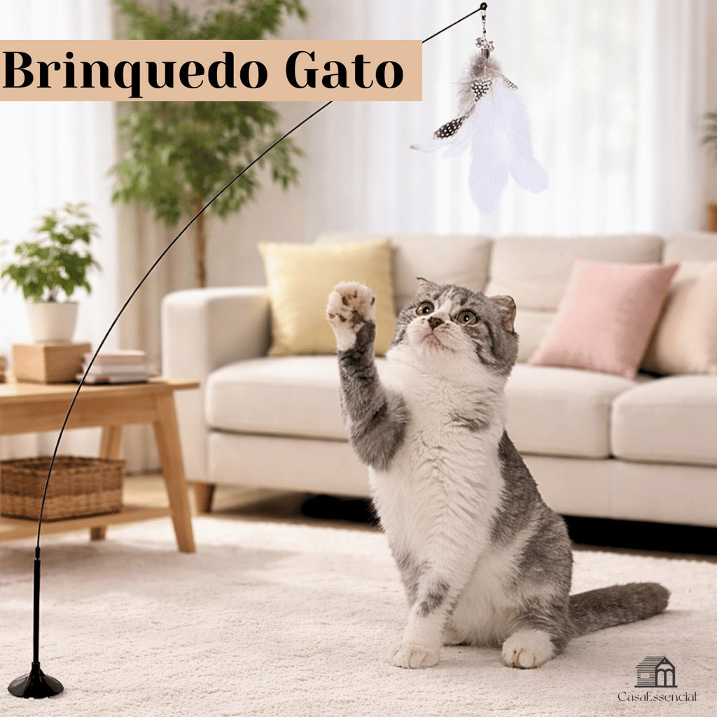 Brinquedo Interativo Varinha Pena Com Ventosa Com Sino Fixa No Chão Parede Para Gatos Adultos e Filhotes