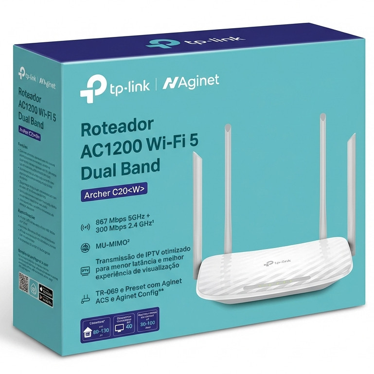 Roteador Tp-link Wireless Dual Band Archer C20W AC1200 WIFI 5 Função Repetidor, 4 Antenas - v6.8