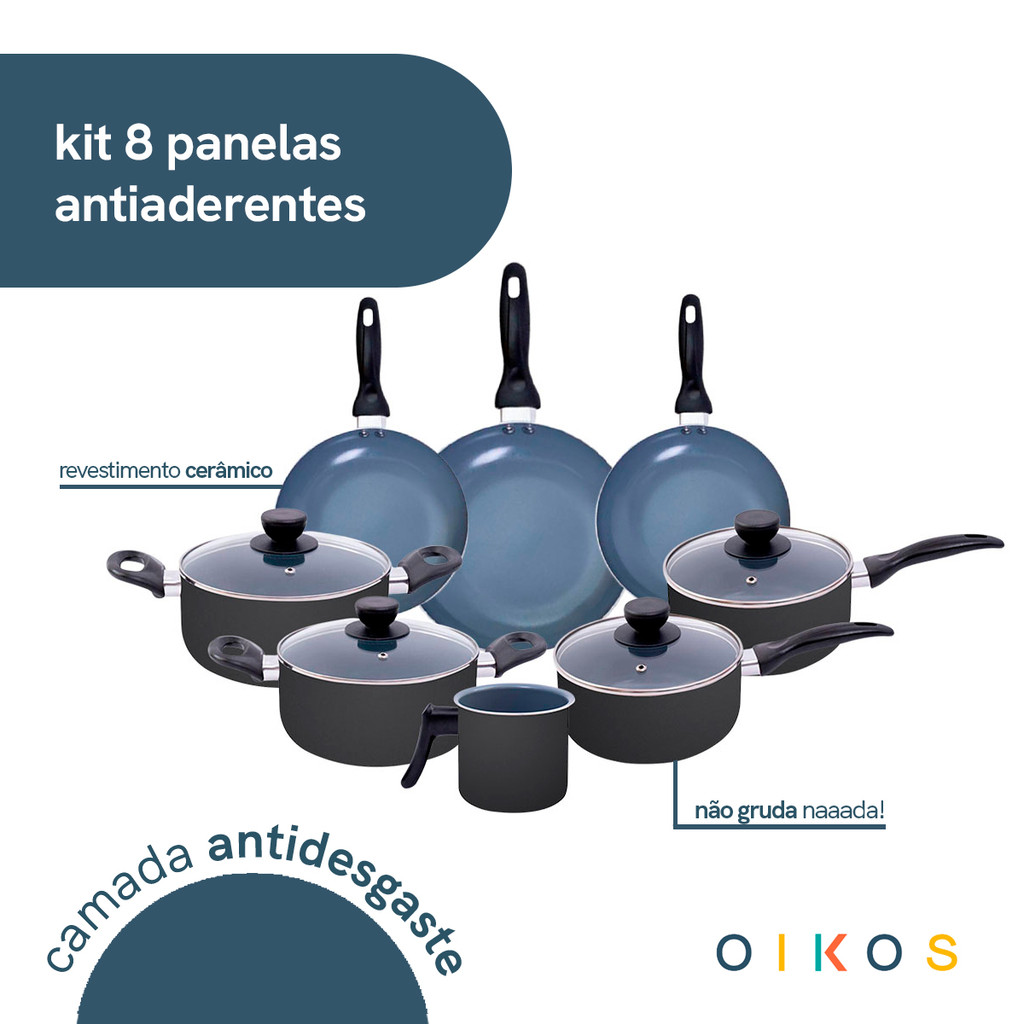 jogo de panelas 8 pçs antiaderentes de cerâmica e alumínio - oikos — imagem 2 de 2