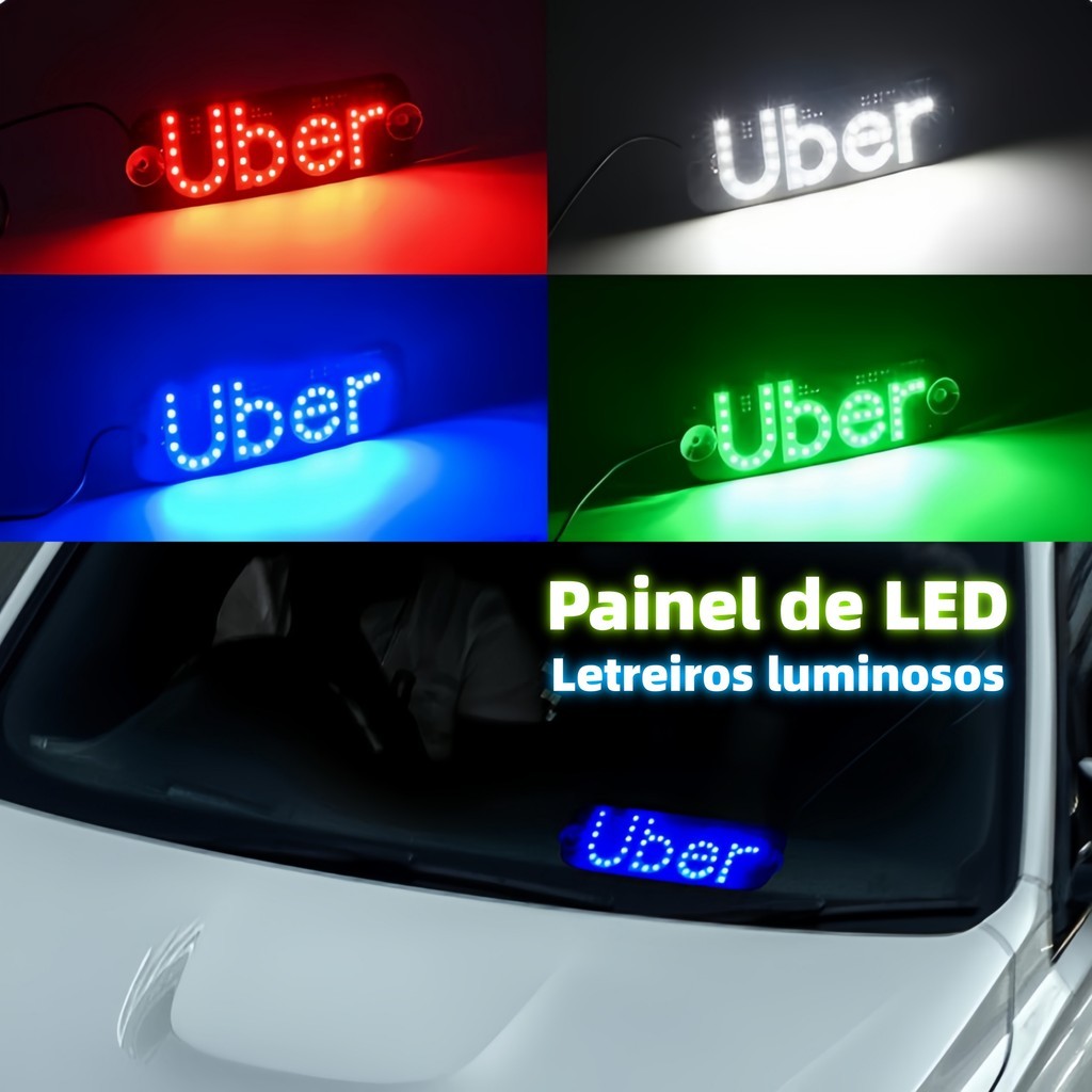 Placa Uber Letreiro para Carro Iluminação 3 Cores com Ventosa Para-Brisa Led USB Com Botão Liga/desliga