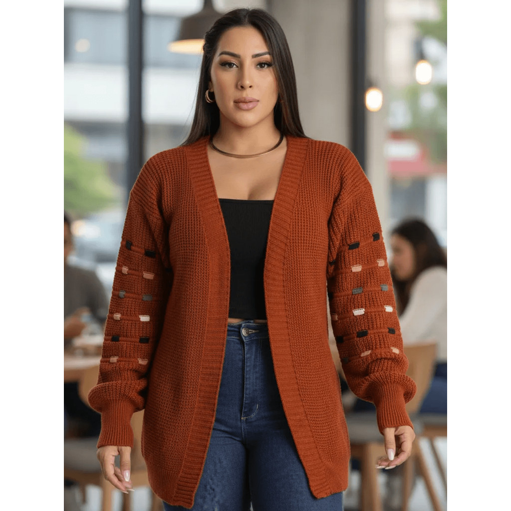 Cardigan Casaco Tricot Manga Longa Blusa Trico Frio Bolinha Pompom Kimono Bufante Aberto Terninho