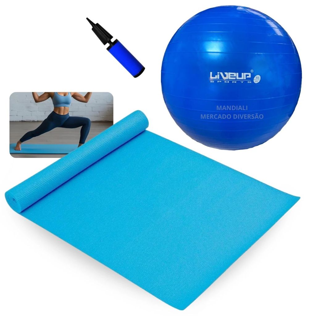 Kit Colchonete Tapete em Eva Azul + Bola Suiça 65 Cm + Mini Bomba para Exercicios Pilates Ginastica